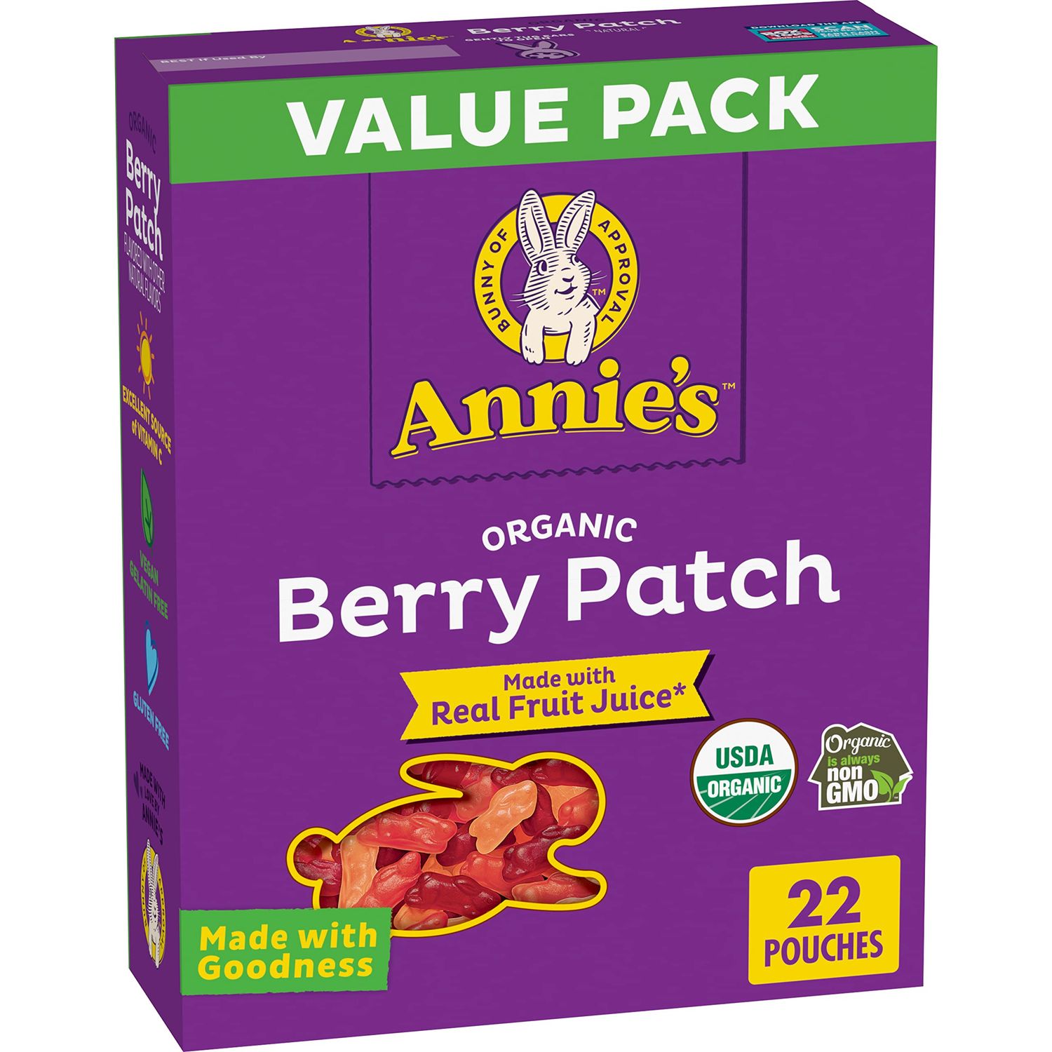 Annie&#39;s Organic Berry Patch Bunny Fruit Flavored Snacks, Gluten Free, Value Pack, Stocking Stuffer, 22 Pouches, 15.4 oz