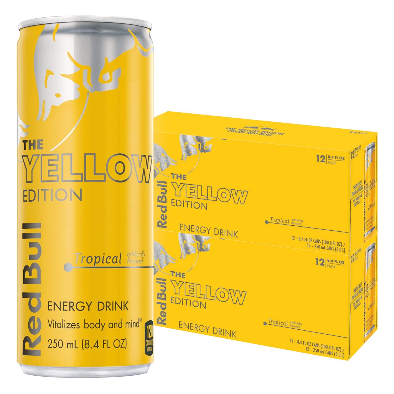 Red Bull Yellow Edition Energy Drink, Tropical, with 80mg Caffeine plus Taurine &amp; B Vitamins, 8.4 Fl Oz, 2 Packs of 12 Cans (Pack of 24)