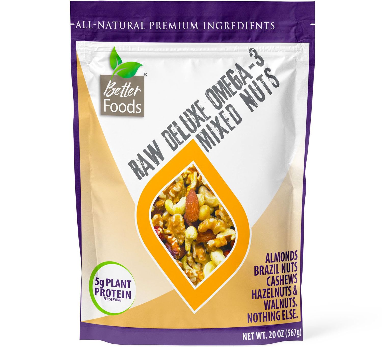 BetterFoods Raw Unsalted Deluxe Omega-3 Mixed Nuts | Walnuts, Almonds, Cashews, Brazil Nuts &amp; Hazelnuts | 641mg Omega-3 ALA, 5g Plant Protein, Keto-Friendly, Gluten- &amp; Sodium-Free, 20oz, Pack of 1