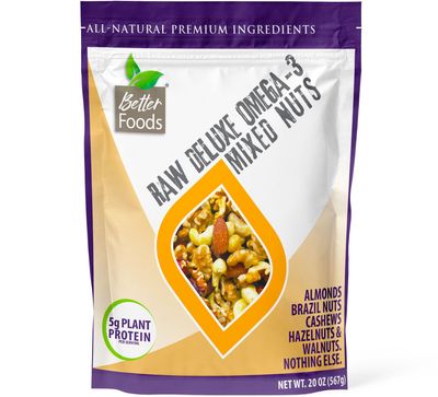 BetterFoods Raw Unsalted Deluxe Omega-3 Mixed Nuts | Walnuts, Almonds, Cashews, Brazil Nuts &amp; Hazelnuts | 641mg Omega-3 ALA, 5g Plant Protein, Keto-Friendly, Gluten- &amp; Sodium-Free, 20oz, Pack of 1