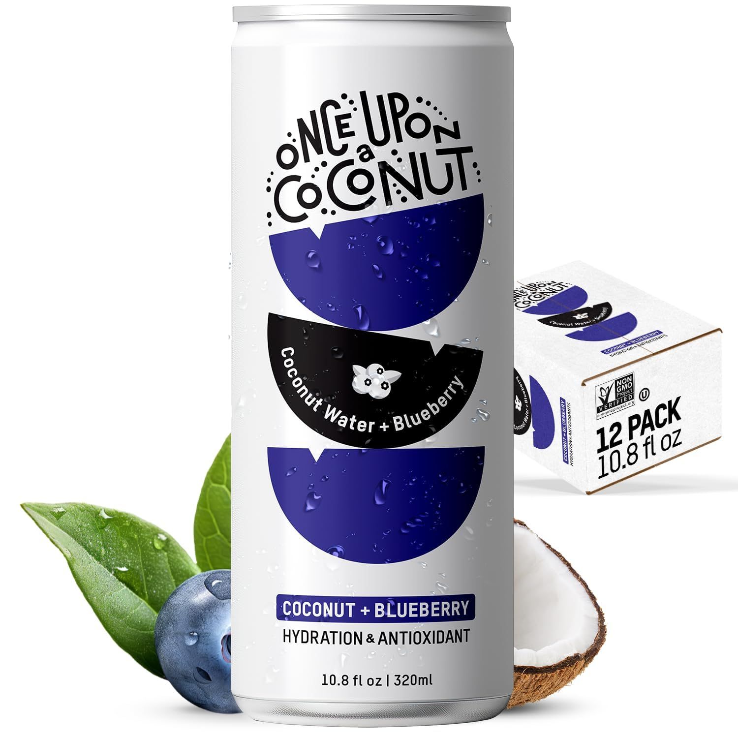 Once Upon a Coconut Blueberry Coconut Water - Pure No Sugar Added - Low-Calorie, All-Natural Drink with Electrolytes - Non-GMO, Gluten-Free - Pack of 12 Cans (each 10.8 fl oz)