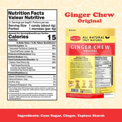 Pocas Original Ginger Chews - Sweet and Zesty Ginger Chew, Individually Wrapped Low-Calorie Snacks, Ginger Candy Made with Pure Cane Sugar, 3 Oz Ea (Pack of 4)