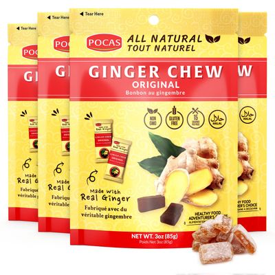 Pocas Original Ginger Chews - Sweet and Zesty Ginger Chew, Individually Wrapped Low-Calorie Snacks, Ginger Candy Made with Pure Cane Sugar, 3 Oz Ea (Pack of 4)