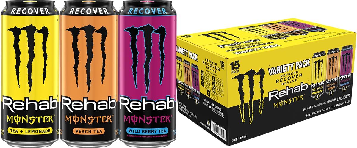 Monster Energy Rehab Tea + Lemonade, Peach Tea, Wild Berry Tea, Variety Pack, Energy Iced Tea,15.5 Ounce (Pack of 15)