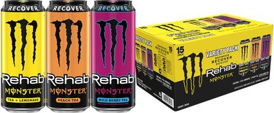 Monster Energy Rehab Tea + Lemonade, Peach Tea, Wild Berry Tea, Variety Pack, Energy Iced Tea,15.5 Ounce (Pack of 15)