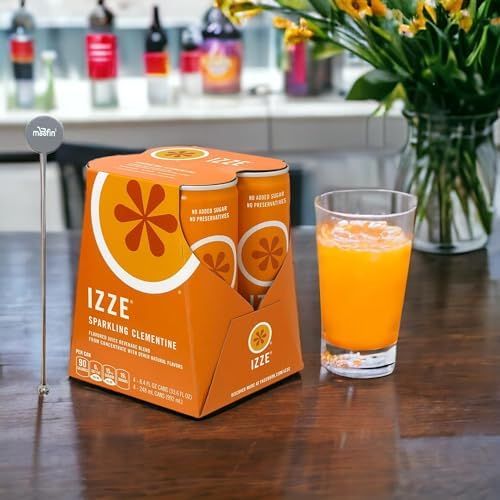 moofin Izze Sparkling Clementine Juice, 8 Cans/ 8.4 Fl Oz each - Natural Sparkling Water &amp; Fruit Juice, Bundled with Stainle Steel Coffee Beverage Stirrers - No Added Sugar, Low Sodium [Pack of 8]