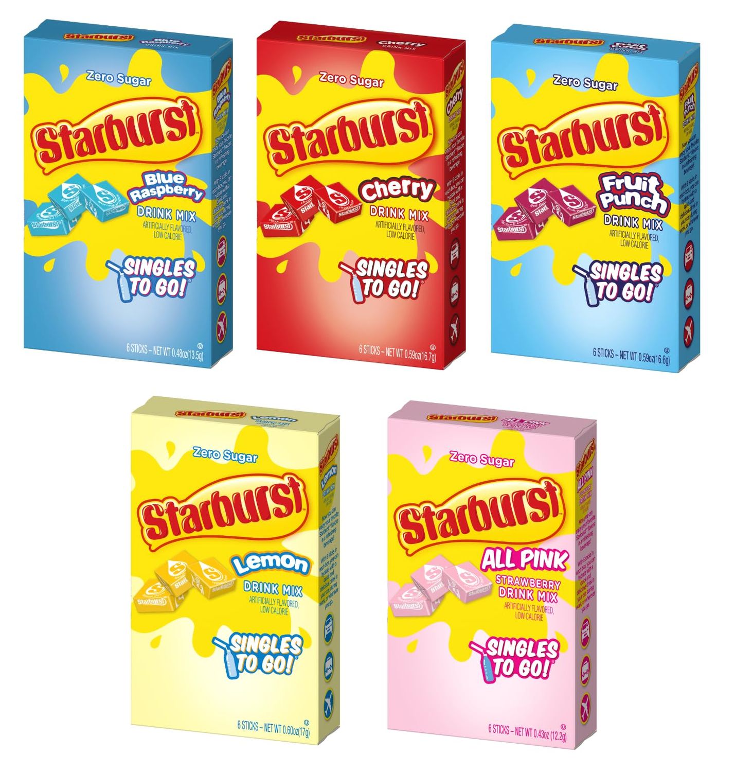 SINGLES TO GO! Starburst Variety pack 5 box, 5 flavor (Raspberry, Cherry, Fruit Punch, Strawberry and Lemon)