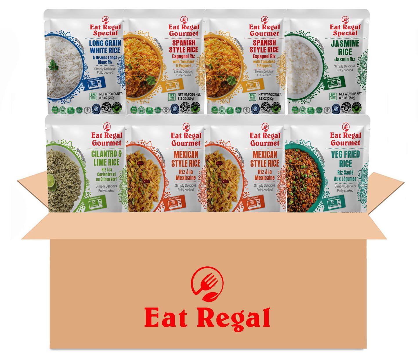 Eat Regal 6 Flavor Ready to Eat Variety Pack of 8 with Jasmine Spanish Long Grain White Cilantro  Lime Mexican and Veg Fried Rice  Side Dish  Microwavable Food  Rice Microwavable  Heat and Eat