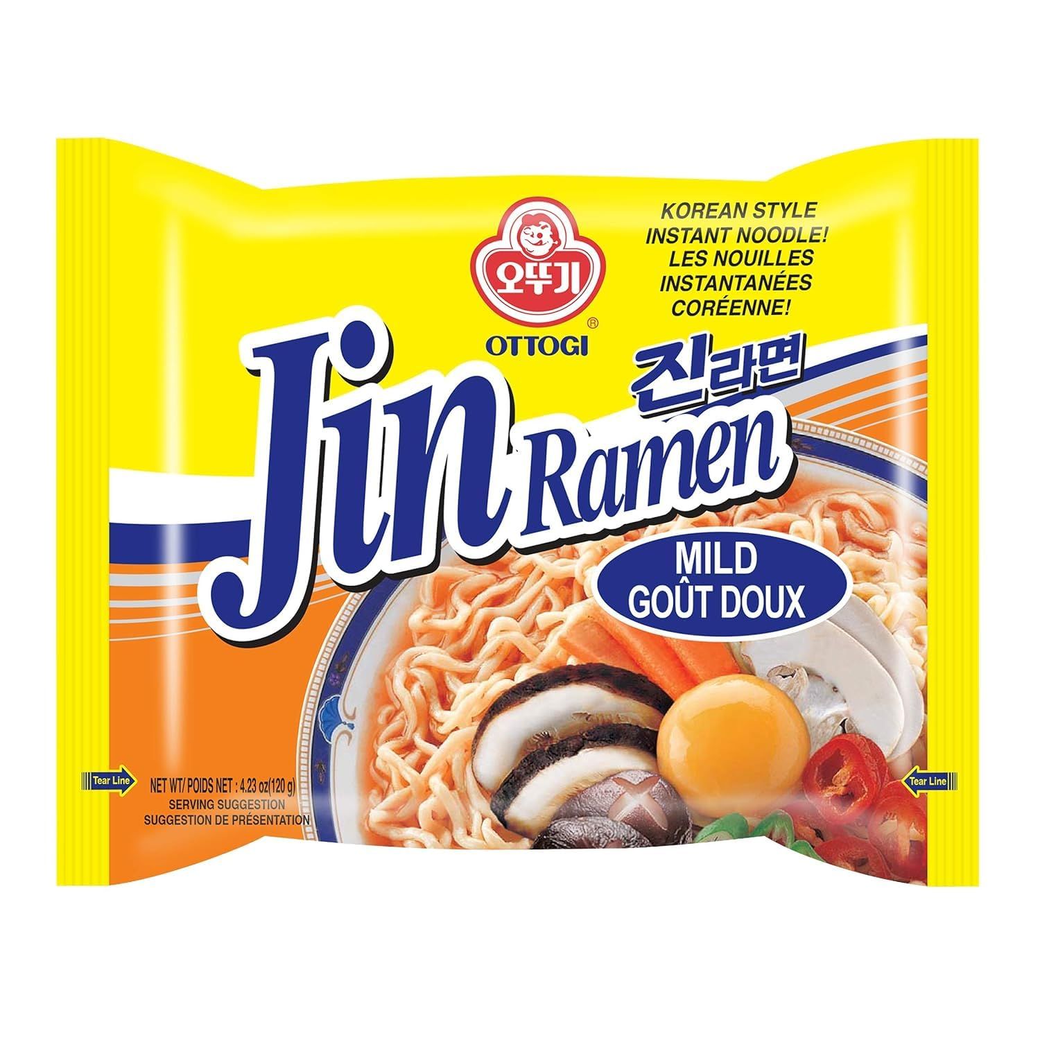 OTTOGI Jin Ramen Mild Flavor, Authentic Korean Instant Noodle, Genuine Korean Ramen Soup Mix, Savory &amp; Rich Gourmet Ramen 4.23oz x 4 Pack