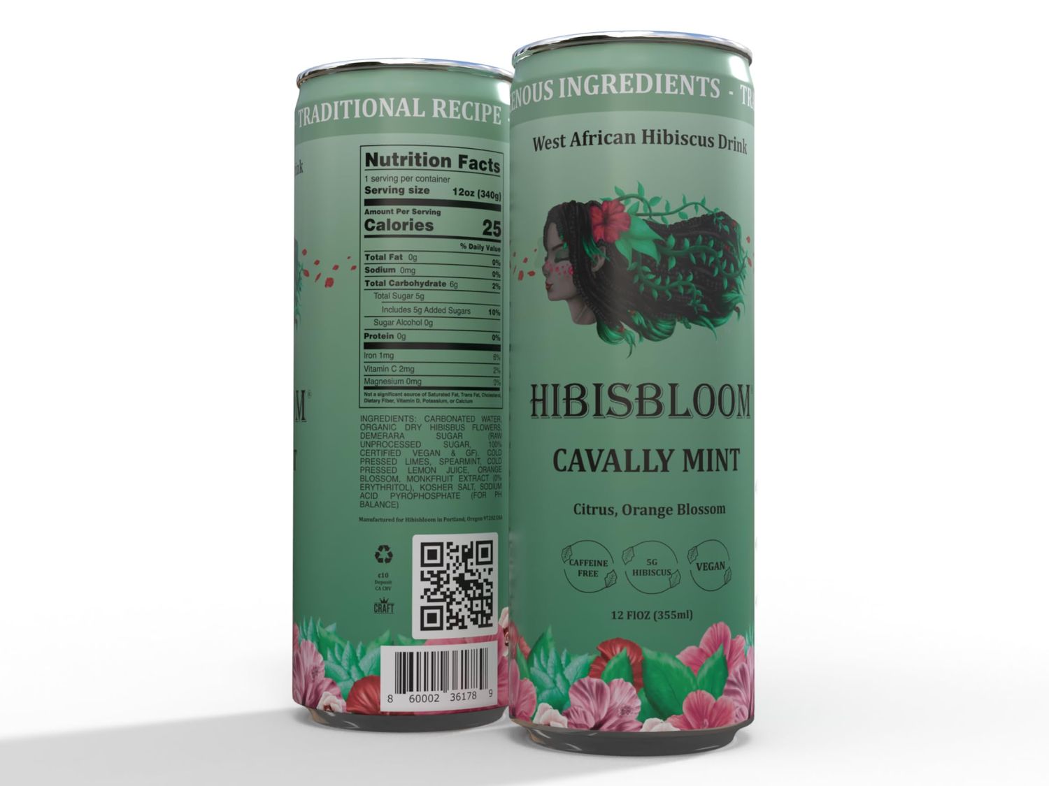 Hibisbloom Cavally Mint, Organic Red Hibiscus, Spearmint, Lemon, Lime, Orange Blossom, 8-Pack x 12oz Cans - 25 Calories. Slow Brew from Scratch, 5000mg Hibiscus.