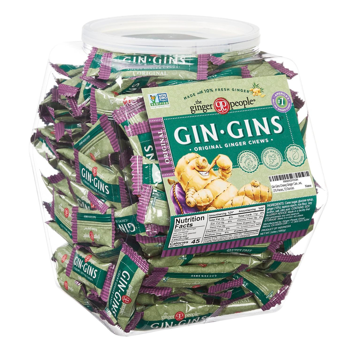 Gin Gins Chewy Ginger Candy Bulk Pack | 4.5 Pounds of Individually Wrapped Candies in Reusable Plastic Tub | Gluten Free and Vegan Ginger Chews, 275 Pieces, 72 Ounces