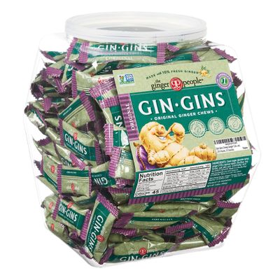 Gin Gins Chewy Ginger Candy Bulk Pack | 4.5 Pounds of Individually Wrapped Candies in Reusable Plastic Tub | Gluten Free and Vegan Ginger Chews, 275 Pieces, 72 Ounces