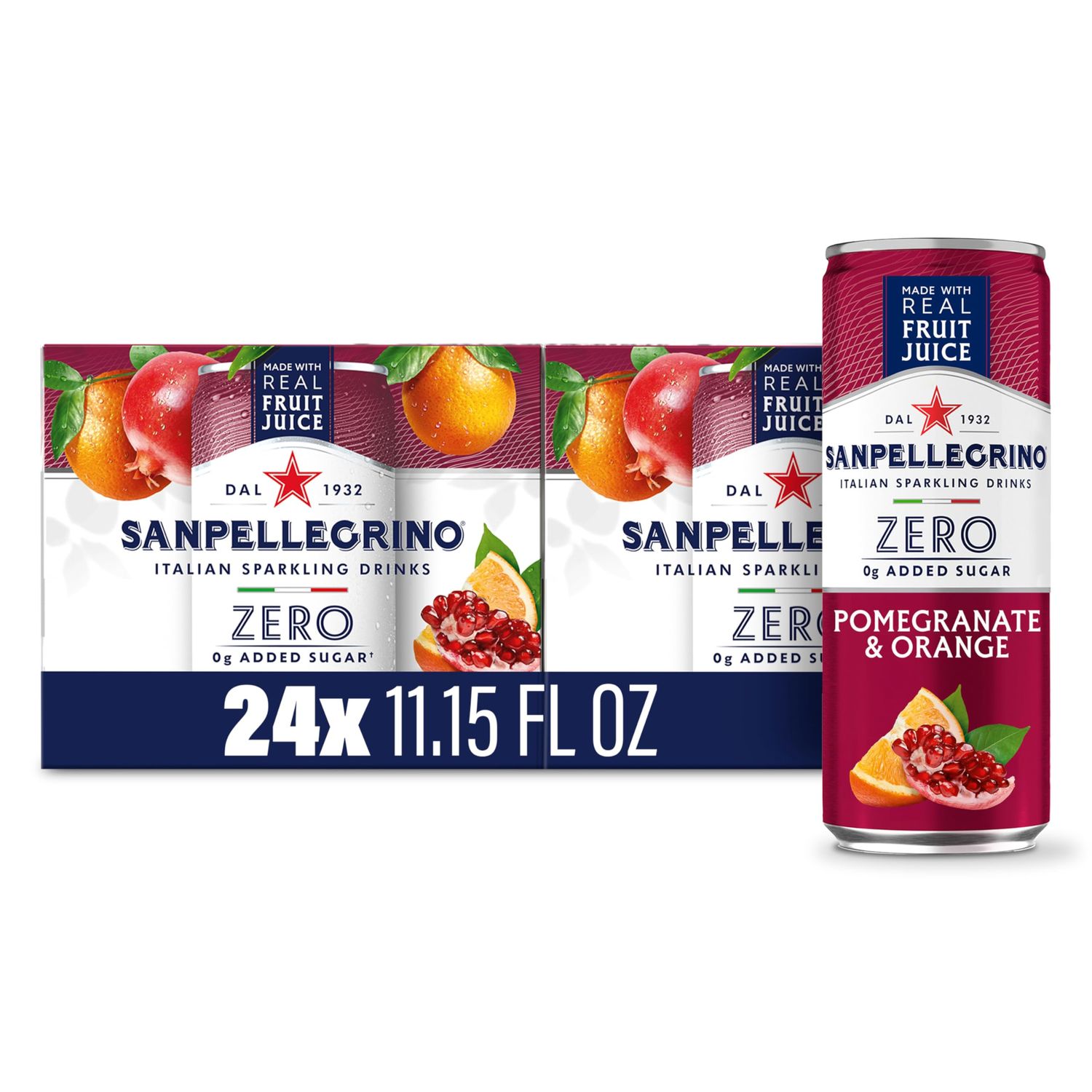 Sanpellegrino Zero Grams Added Sugar Italian Sparkling Drinks Pomegranate Orange, Sparkling Pomegranate Orange Beverage 24 Pack of 11.15 Fl Oz Cans