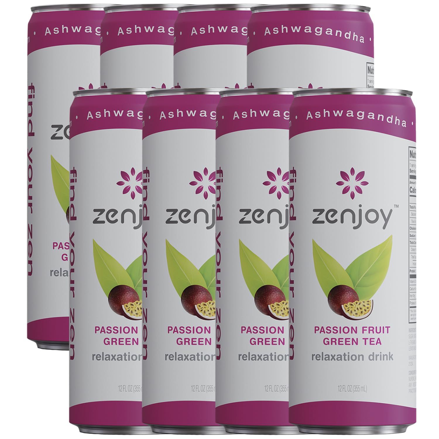 Zenjoy Passion Fruit Green Tea Relaxation Drink 8 Pack - Calming Drink with Ashwagandha &amp; Lemon Balm - Non-Alcoholic Beverage Infused with L-Theanine for Enhanced Focus - 12oz Cans