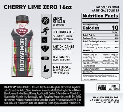 BODYARMOR ZERO Sugar Cherry Lime, Sugar Free Sports Drink - Low-Calorie Hydration - Natural Flavors with Potassium Packed Electrolytes, Antioxidants, and B-vitamins, 16 fl oz (pack of 12)