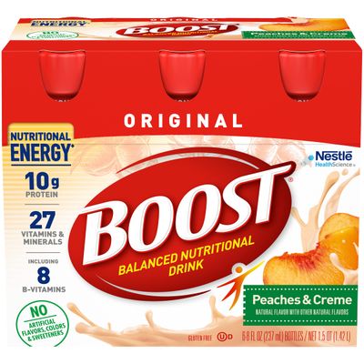 BOOST Original Balanced Nutritional Drink, Nutritional Energy with Protein, Vitamins &amp; Minerals (6 Count (Pack of 1), Peaches &amp; Creme)