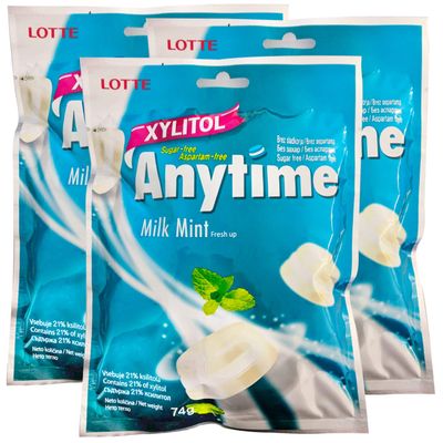 Lotte Anytime Sugar-free hub Xylitol Milk Mint candy 74g x 3 (pack of 3)