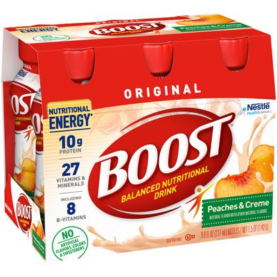 BOOST Original Balanced Nutritional Drink, Nutritional Energy with Protein, Vitamins &amp; Minerals (6 Count (Pack of 1), Peaches &amp; Creme)