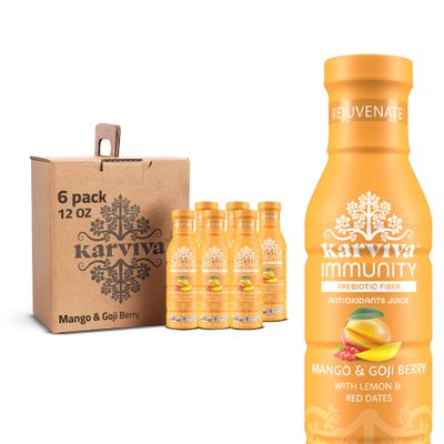 Karviva Immunity Support Juice Plant Based, 6 Bottles, 12 fl oz Each, Mango and Goji Berry with Lemon and Red Dates Natural Electrolyte High in Antioxidants Juice
