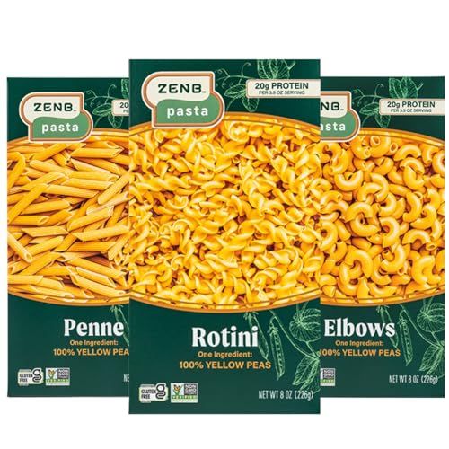 ZENB Plant Based Rotini, Elbow, and Penne Variety Pack Pasta - Made From 100% Yellow Peas, Gluten Free, Non-GMO &amp; Vegan, 20g of Protein &amp; 12g of Fiber In Each Serving - (Pack of 3)
