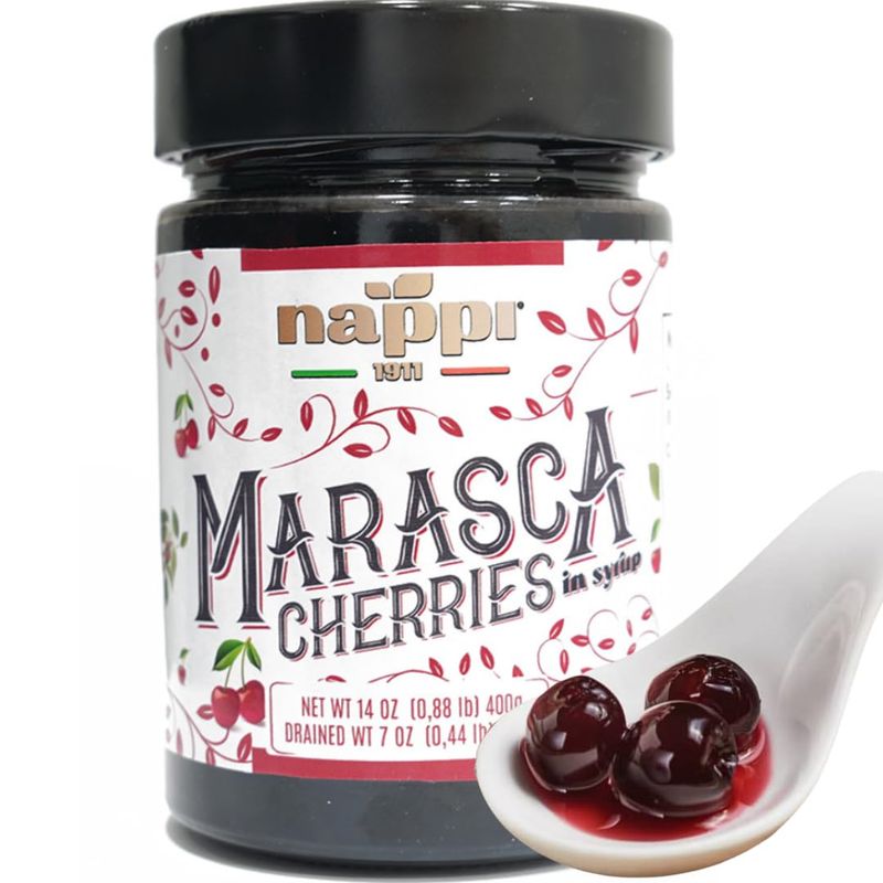 Marasca Cherries in Syrup, 14.10 oz (400 g), Sweet and Sour, Premium Quality, Award Winning, Maraschino Black Pitted Cherries, Product of Italy, Nappi 1911