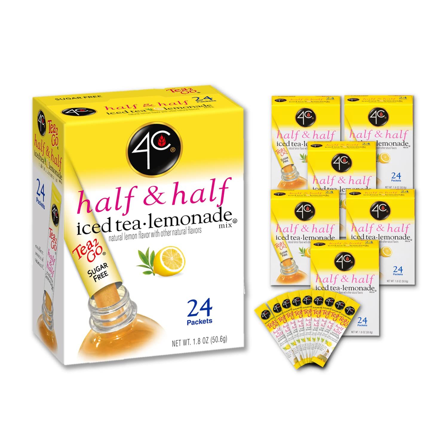 4C Powder Drink Mix Packets, Half &amp; Half 6 Pack, 24 Count, Singles Stix On the Go, Refreshing Sugar Free Water Flavorings
