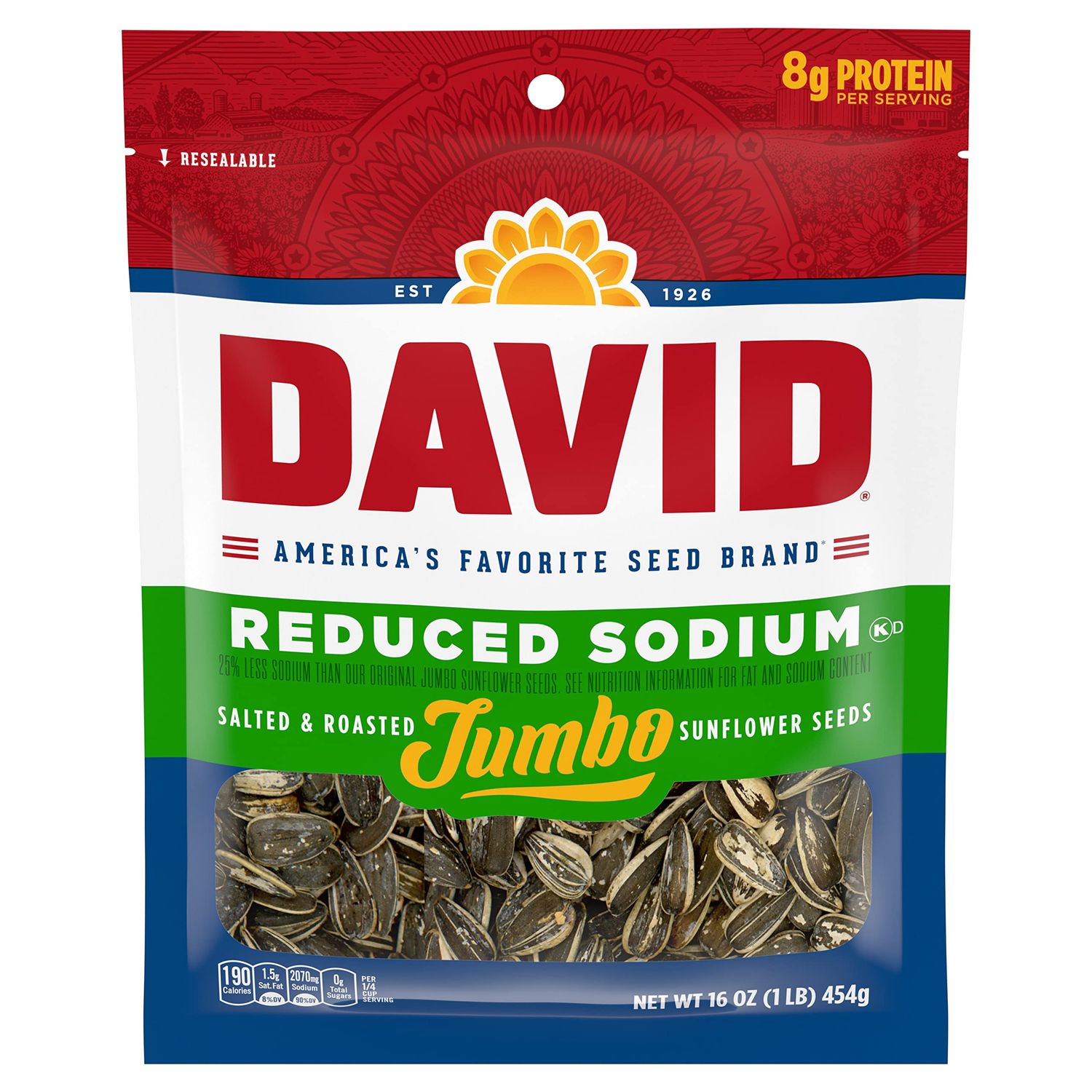 David Reduced Sodium Jumbo Sunflower Seeds,Keto Friendly Snack, 16 oz. Bag
