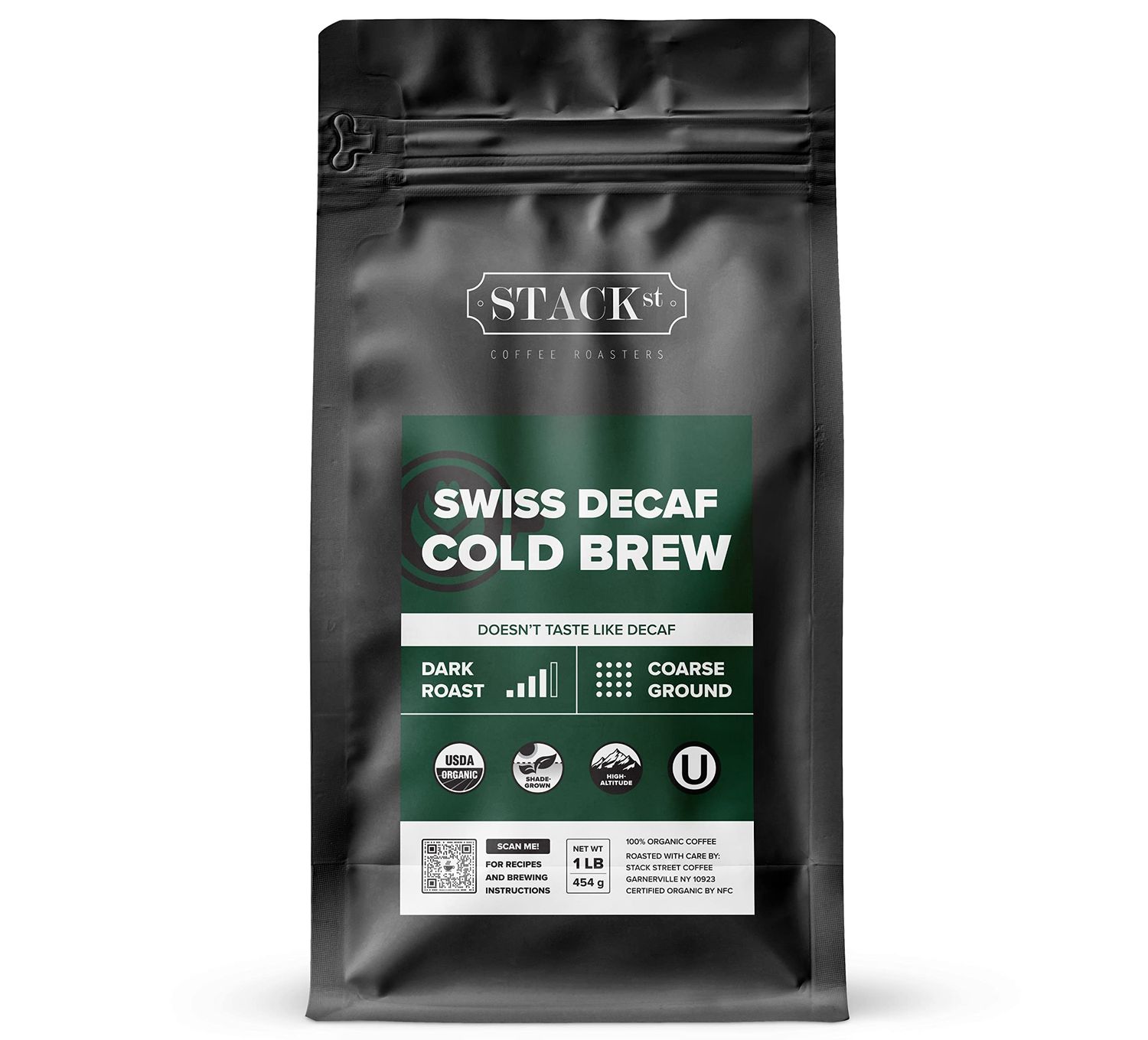 Organic Swiss Water Process Decaf Cold Brew Coffee Coarse Ground 1 LB - Dark Roast Coarse Grind - Doesn't Taste Like Decaf! - 100% Arabica Single Origin Beans - By Stack Street