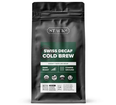 Organic Swiss Water Process Decaf Cold Brew Coffee Coarse Ground 1 LB - Dark Roast Coarse Grind - Doesn&#39;t Taste Like Decaf! - 100% Arabica Single Origin Beans - By Stack Street