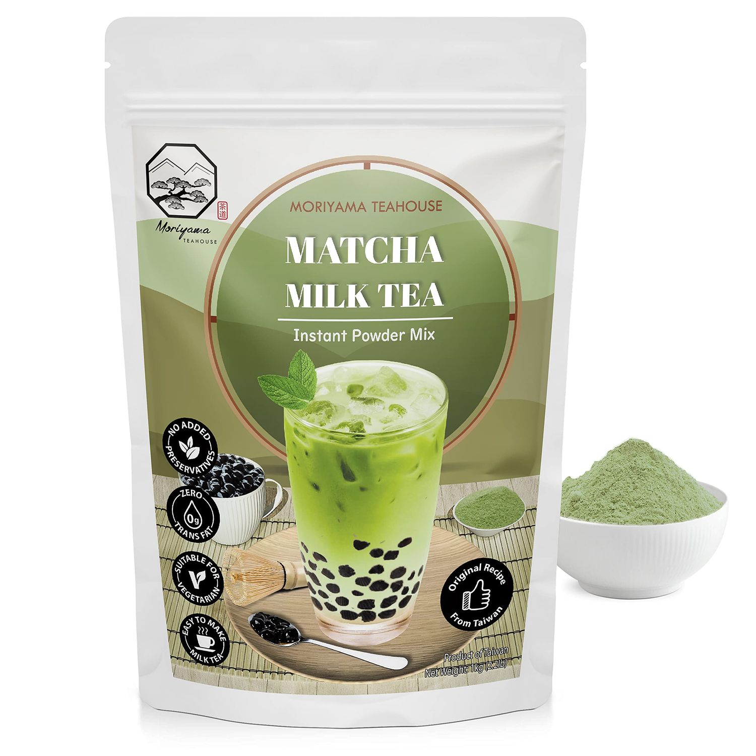 Matcha Bubble Milk Tea Instant 3in1 Powder Mix - 1kg (33 Drinks) | For Boba Tea, Milkshake, Blended Frappe and Bakery | Authentic Taiwan Recipe | Zero Trans Fat, No Preservatives by Moriyama Teahouse