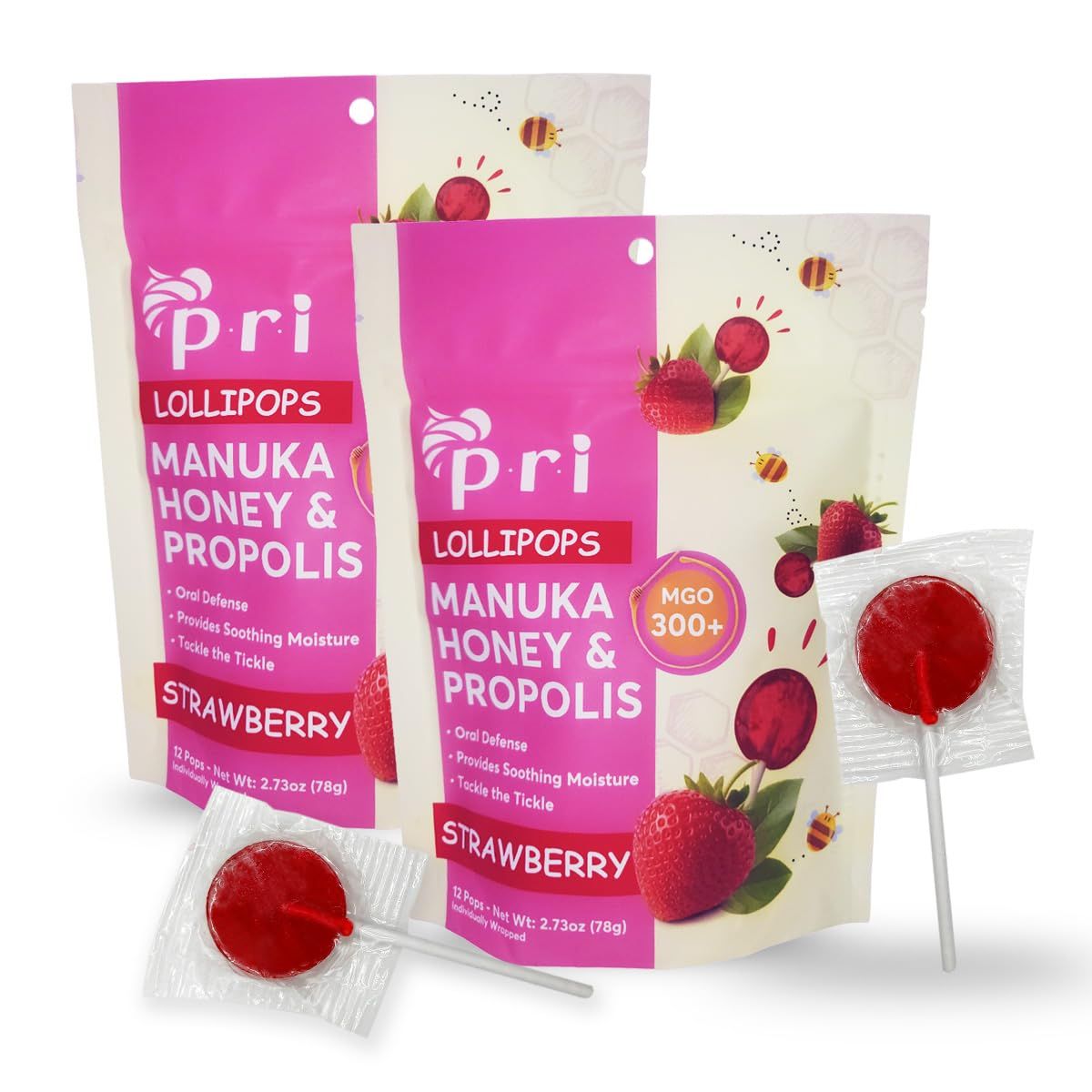 P.R.I Manuka Honey Lollipops with Propolis, Certified MGO 300+ - Throat Soothing, Strawberry Flavor, (24 Lollipops, 5.46oz)