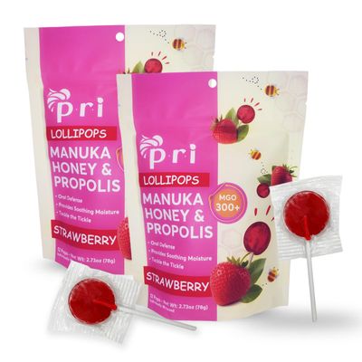 P.R.I Manuka Honey Lollipops with Propolis, Certified MGO 300+ - Throat Soothing, Strawberry Flavor, (24 Lollipops, 5.46oz)