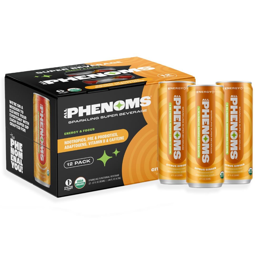 All Phenoms Energy+ Sparkling Organic Prebiotic &amp; Probiotic Drink - Adaptogen Mushroom Blend (350mg Lions Mane), 75mg Green Tea Caffeine, 135mg L-Theanine, Vitamins B - Citrus Ginger, 12 Pack
