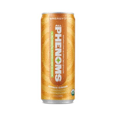 All Phenoms Energy+ Sparkling Organic Prebiotic &amp; Probiotic Drink - Adaptogen Mushroom Blend (350mg Lions Mane), 75mg Green Tea Caffeine, 135mg L-Theanine, Vitamins B - Citrus Ginger, 12 Pack