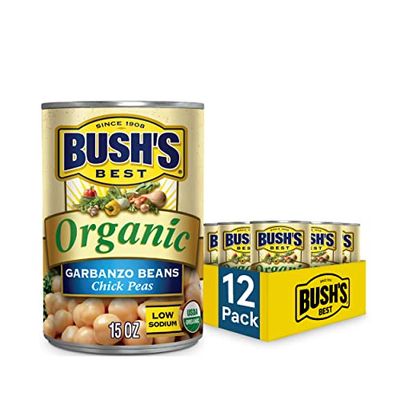 BUSH&#39;S BEST Organic Garbanzo Beans Canned Beans, Organic Chick Peas, USDA Certified Organic, Source of Plant Based Protein and Fiber, Low Fat, Gluten Free (12)