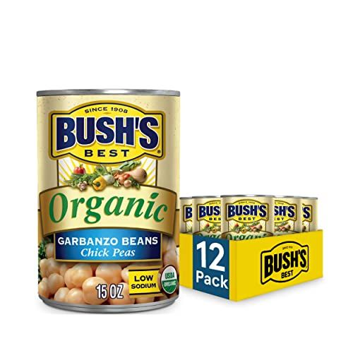 BUSH&#39;S BEST Organic Garbanzo Beans Canned Beans, Organic Chick Peas, USDA Certified Organic, Source of Plant Based Protein and Fiber, Low Fat, Gluten Free (12)