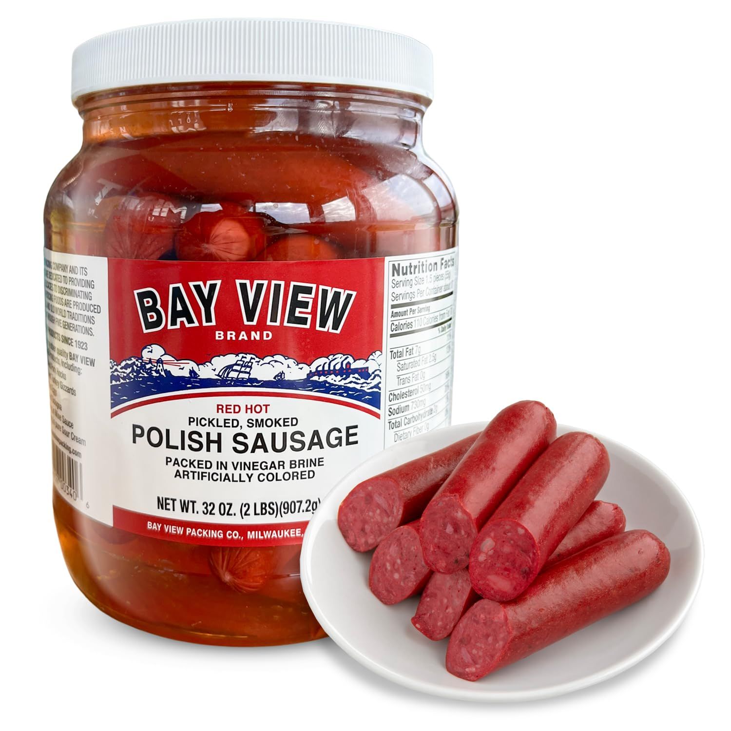 Bay View Brand Pickled Smoked Polish Sausage - Bar &amp; Tavern Food (Red Hot)