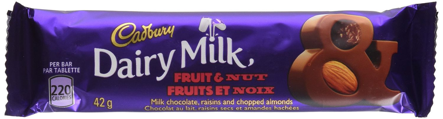Cadbury Cholocate Bar, Regular Size 42g/Bar (Dairy Milk Fruit &amp; Nut, 24 Packs)
