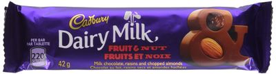 Cadbury Cholocate Bar, Regular Size 42g/Bar (Dairy Milk Fruit &amp; Nut, 24 Packs)