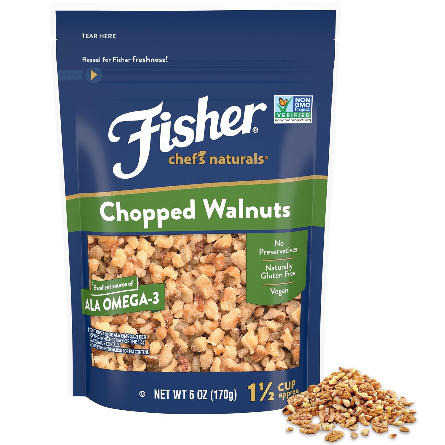 Fisher Chef&#39;s Naturals Chopped Walnuts, 6 Ounces, California Grown Walnuts, Unsalted, Naturally Gluten Free, No Preservatives, Non-GMO