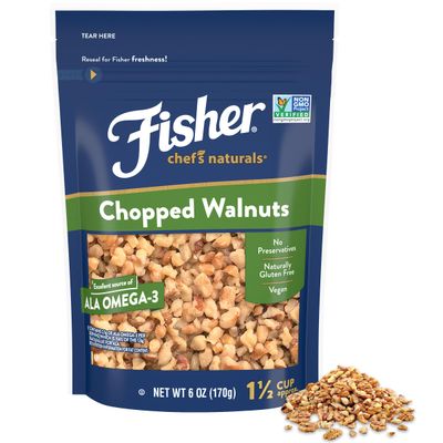 Fisher Chef&#39;s Naturals Chopped Walnuts, 6 Ounces, California Grown Walnuts, Unsalted, Naturally Gluten Free, No Preservatives, Non-GMO