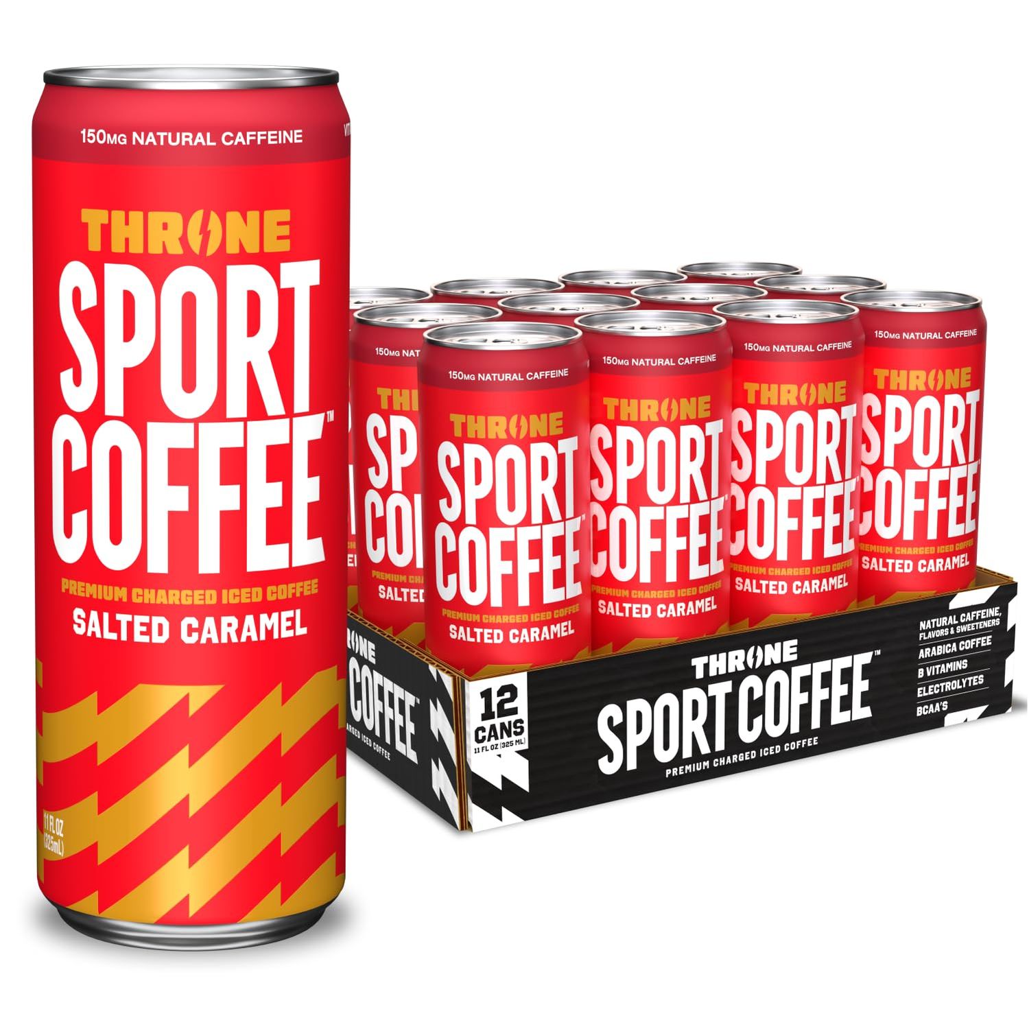 THRONE SPORT COFFEE Salted Caramel Iced Coffee, 150mg Natural Caffeine, Low Cal, Low Sugar, Dairy Free, Cold Brew, 11oz (12PK)