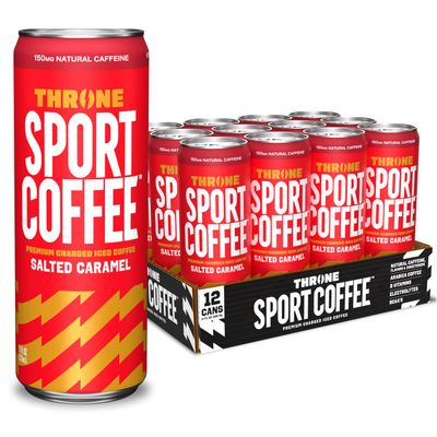 THRONE SPORT COFFEE Salted Caramel Iced Coffee, 150mg Natural Caffeine, Low Cal, Low Sugar, Dairy Free, Cold Brew, 11oz (12PK)