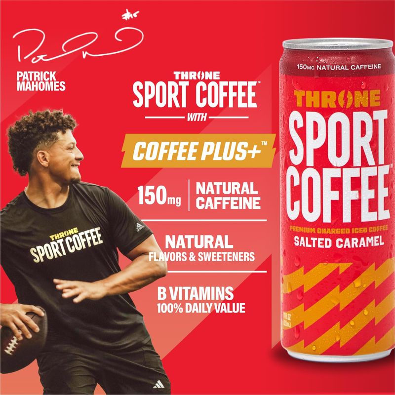 THRONE SPORT COFFEE Salted Caramel Iced Coffee, 150mg Natural Caffeine, Low Cal, Low Sugar, Dairy Free, Cold Brew, 11oz (12PK)