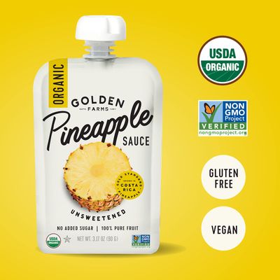 Golden Farms Pineapple Pouches, Single Ingredient Healthy Snacks (Pack of 12), 100% Pure Fruit, No Added Sugar, Vegan, Gluten-Free, Kosher, Organic Squeeze Pouch 3.17oz Each