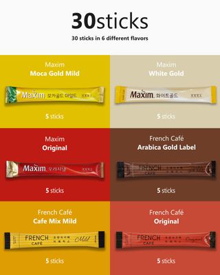 CUTIE MANGO Maxim French Premium Korean Instant Coffee Mix Sampler 6 Flavors Assortment Caf Style Camping Party Single Serve Packets 30 Variety Pack (5 Sticks Each) with Complimentary 2 Teabags