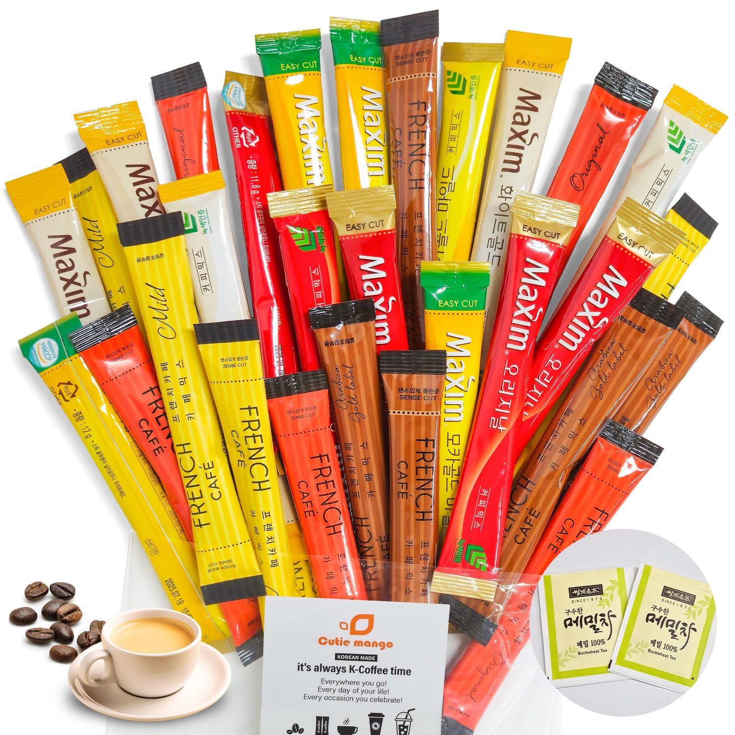 CUTIE MANGO Maxim French Premium Korean Instant Coffee Mix Sampler 6 Flavors Assortment Caf Style Camping Party Single Serve Packets 30 Variety Pack (5 Sticks Each) with Complimentary 2 Teabags