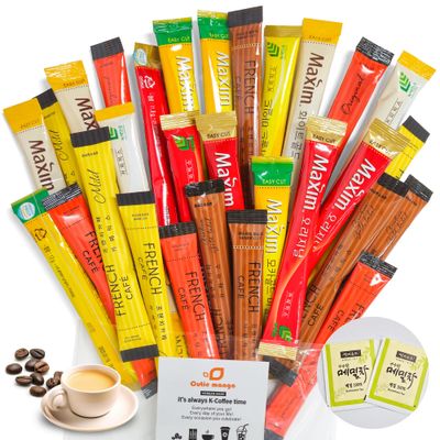 CUTIE MANGO Maxim French Premium Korean Instant Coffee Mix Sampler 6 Flavors Assortment Caf Style Camping Party Single Serve Packets 30 Variety Pack (5 Sticks Each) with Complimentary 2 Teabags