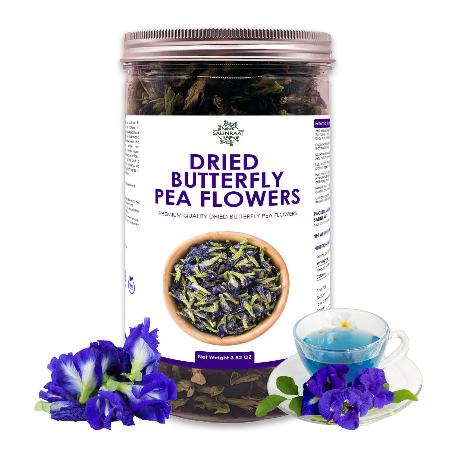 SALINRAAT - Premium Quality Butterfly Pea Flower Tea Butterfly Pea Tea Rich in Antioxidants Edible Dried Herbal Flowers for Blue &amp; Purple Drinks and Food Coloring (3.53 Oz / 100g)