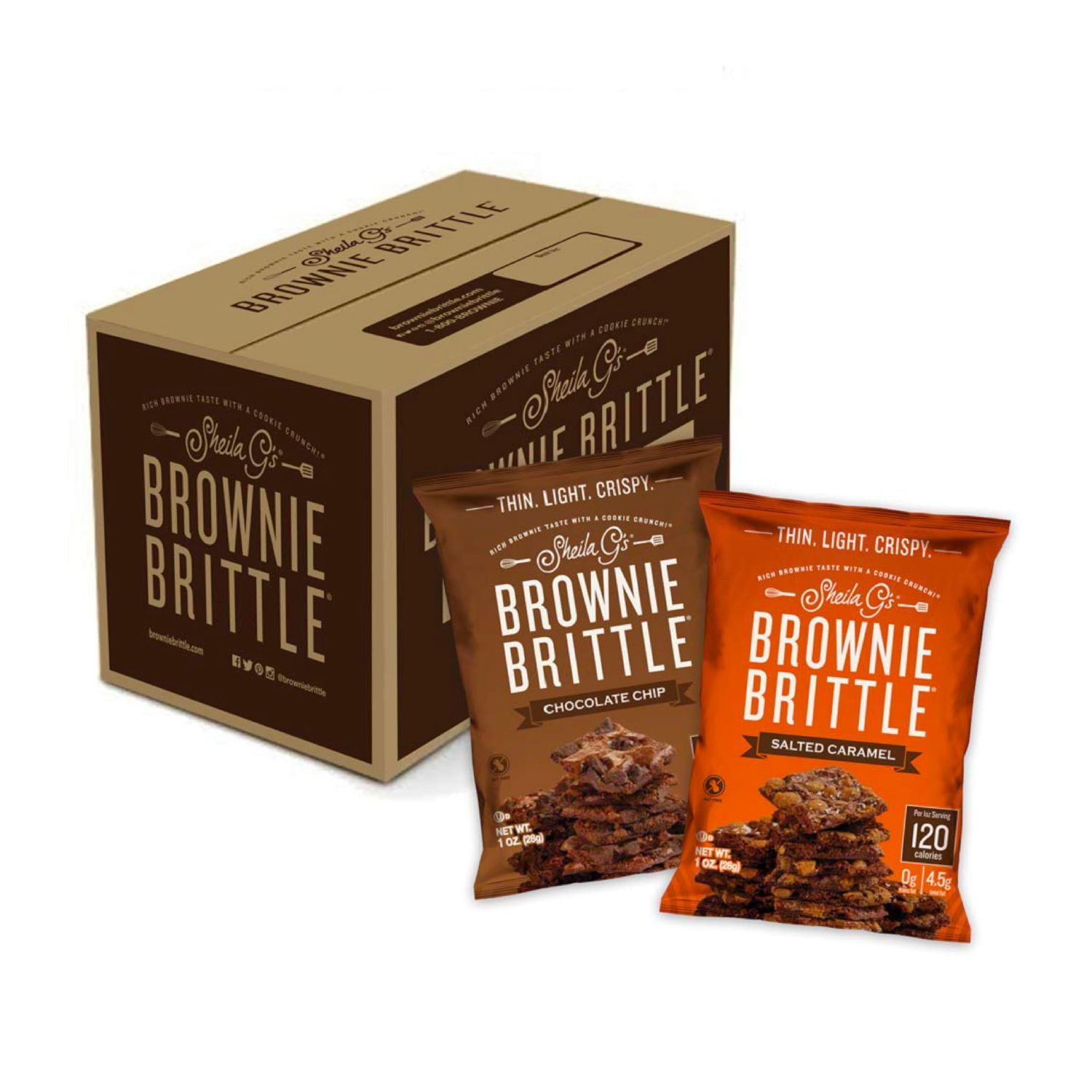 Sheila G&#39;s Brownie Brittle - Chocolate Chip &amp; Salted Caramel Thin and Crispy Sweet Snacks (Pack of 20, 1 oz), Rich Gourmet Brownie Bites Dessert